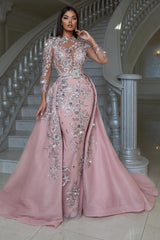 Long Sleeves Satin Mermaid Floor Length Prom Dress with Detachable Train