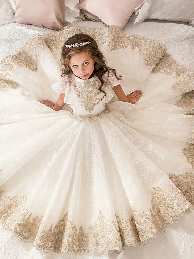 Long Ball Gown Floor Length Tulle Lace Flower Girl Dresses with Sleeves