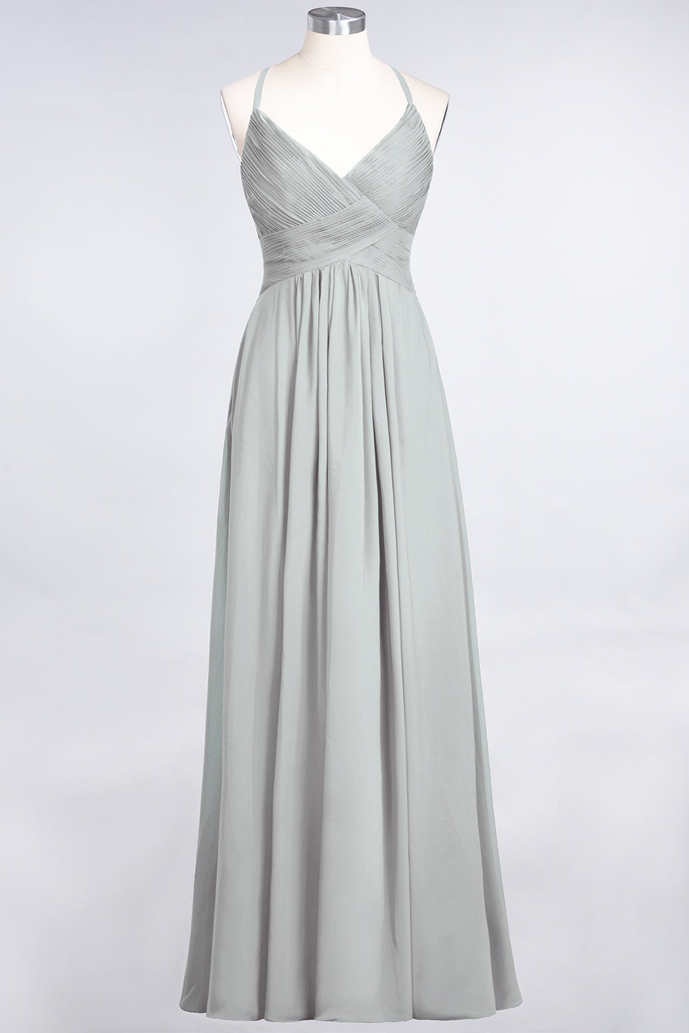 A-Line Chiffon Spaghetti Straps V-Neck Sleeveless Floor Length Bridesmaid Dress with Ruffles