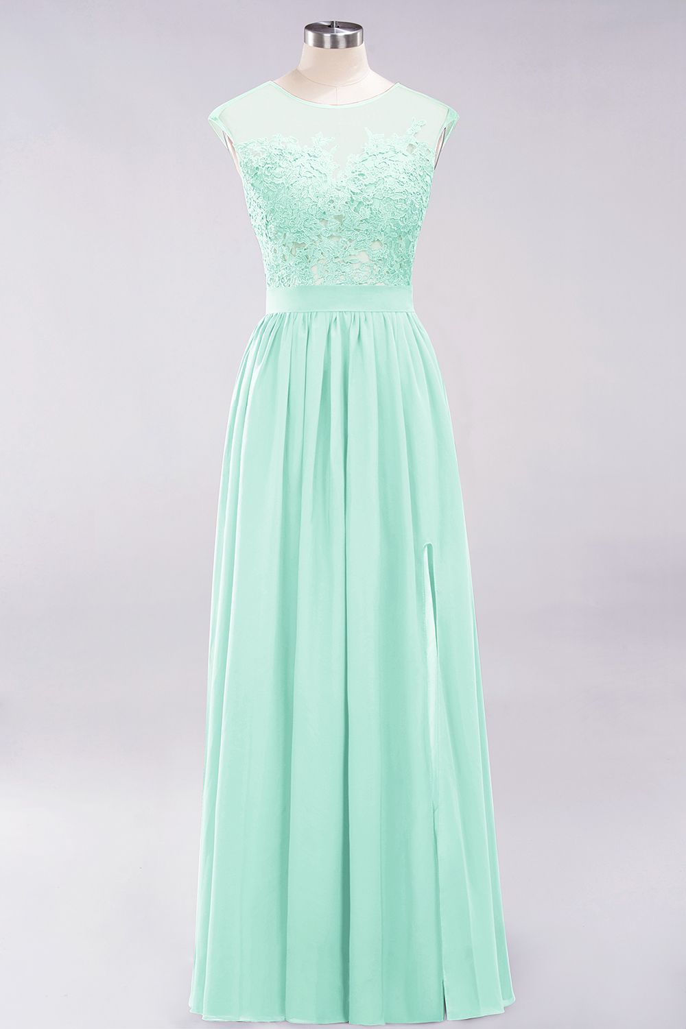 A-line Chiffon Lace Jewel Sleeveless Floor Length Bridesmaid Dresses with Appliques