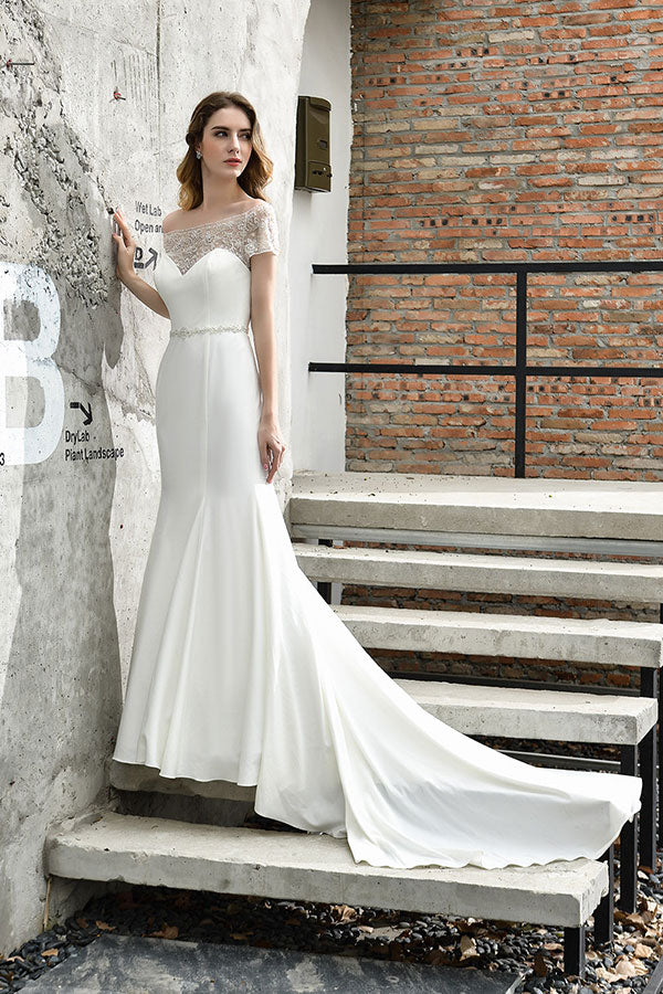 Long Mermaid Satin Lace Wedding Dress with Short Sleeve