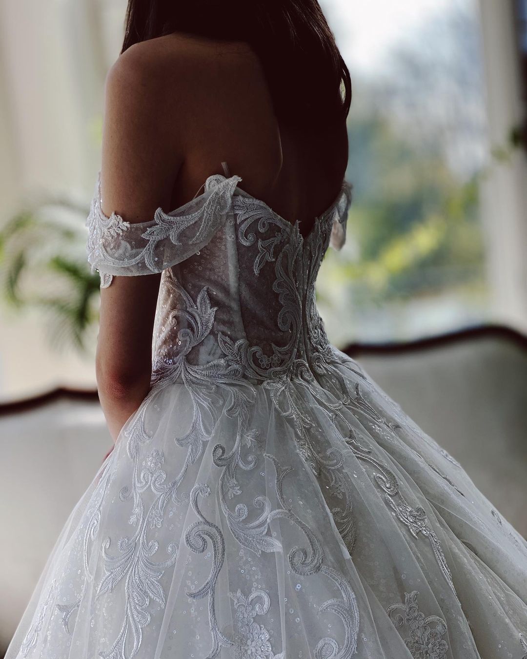 Charming Long A-line Off the Shoulder Tulle Wedding Dress with Glitter