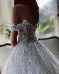 Charming Long A-line Off the Shoulder Tulle Wedding Dress with Glitter