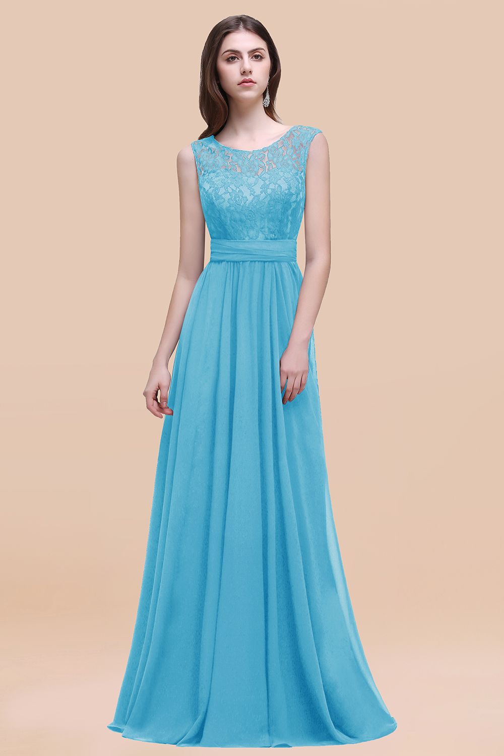 Elegant A-line Chiffon Lace Scoop Sleeveless Floor Length Bridesmaid Dress