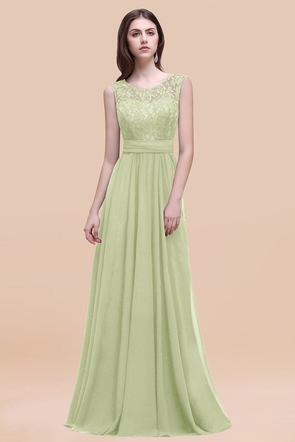 Elegant A-line Chiffon Lace Scoop Sleeveless Floor Length Bridesmaid Dress