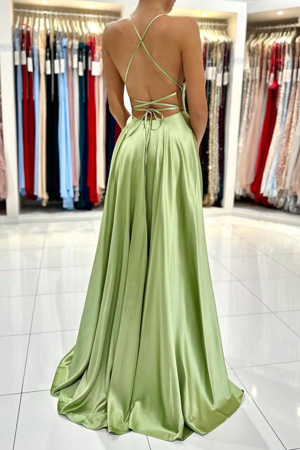 Chic Long A-line Spaghetti Straps Satin Backless Formal Prom Dress with Slit