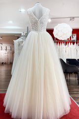 Unique Long A-line V-neck Tulle Lace Ruffles Ivory Wedding Dress