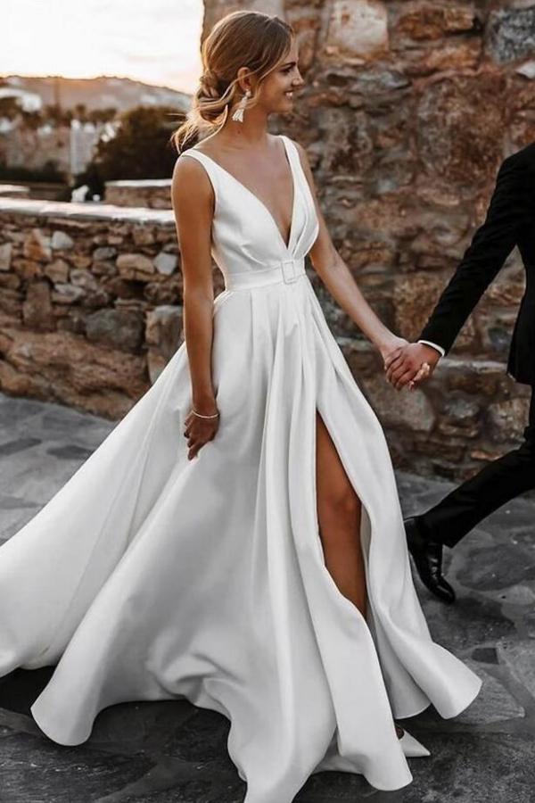 Elegant Long A-Line V-neck Satin Sleeveless Front Split Wedding Dress with Ribbons