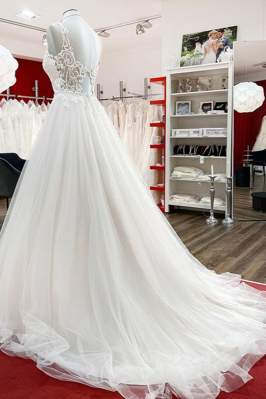 Elegant Long A-line V-neck Tulle Ruffles Floor Length Wedding Dress