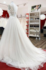 Elegant Long A-line V-neck Tulle Ruffles Floor Length Wedding Dress