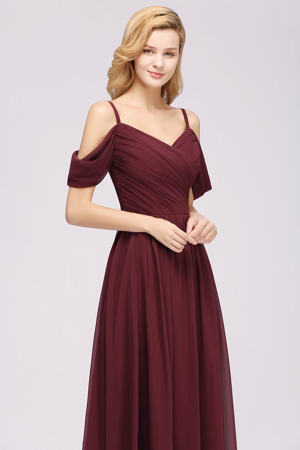 A-Line Chiffon V-Neck Spaghetti Straps Short Sleeves Floor Length Bridesmaid Dresses with Ruffles