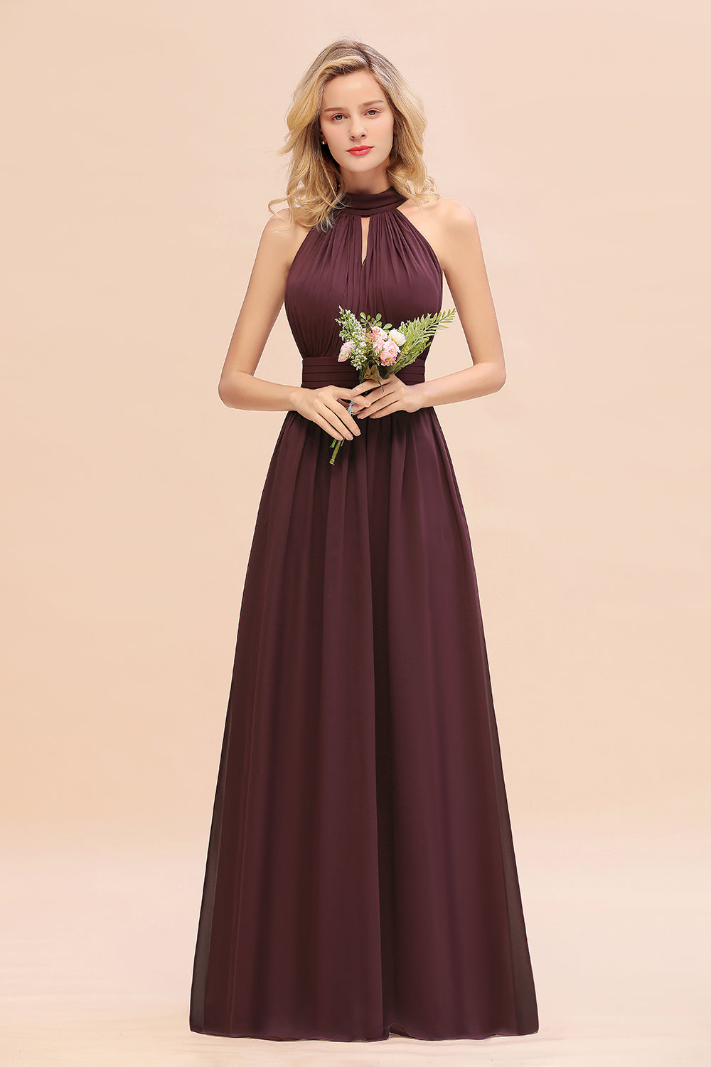 Dusty Sage Long High Neck Chiffon Bridesmaid Dresses with Ruffle