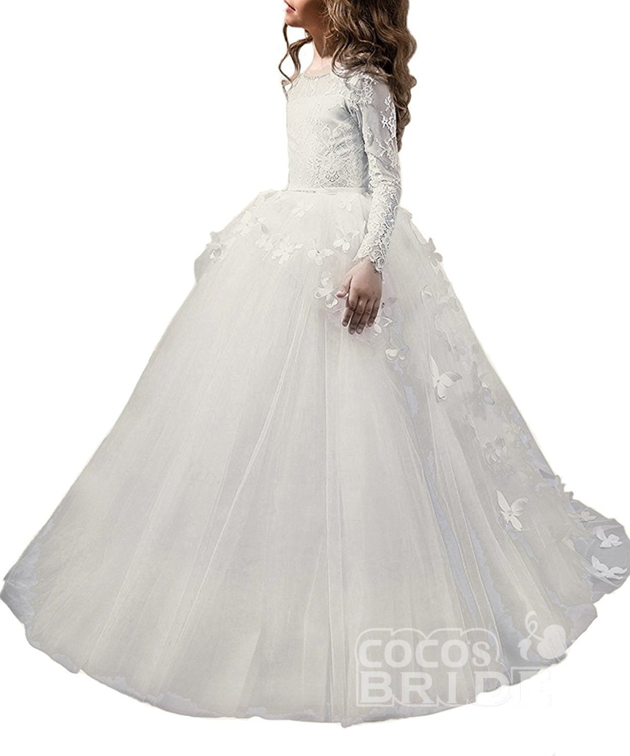 White Scoop Neck Long Sleeves Ball Gown Tulle Lace Flower Girl Dress