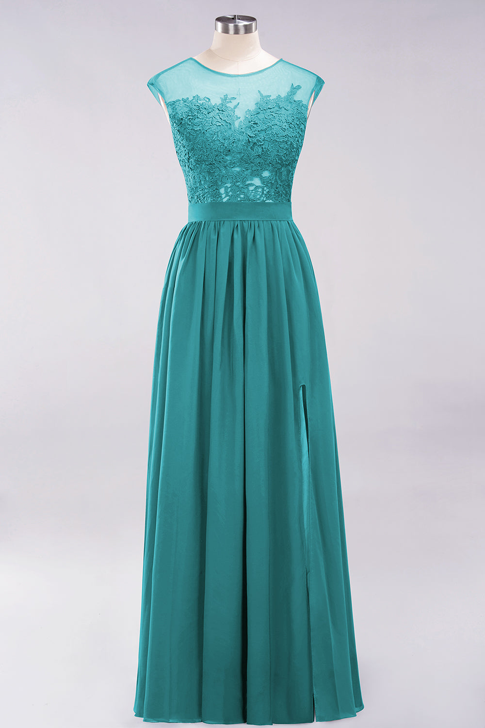 A-line Chiffon Lace Jewel Sleeveless Floor Length Bridesmaid Dresses with Appliques