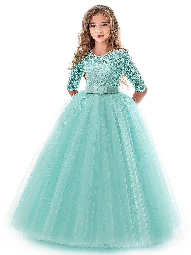 Long Ball Gown Tulle Lace Jewel Neck Flower Girl Dresses with Half Sleeve