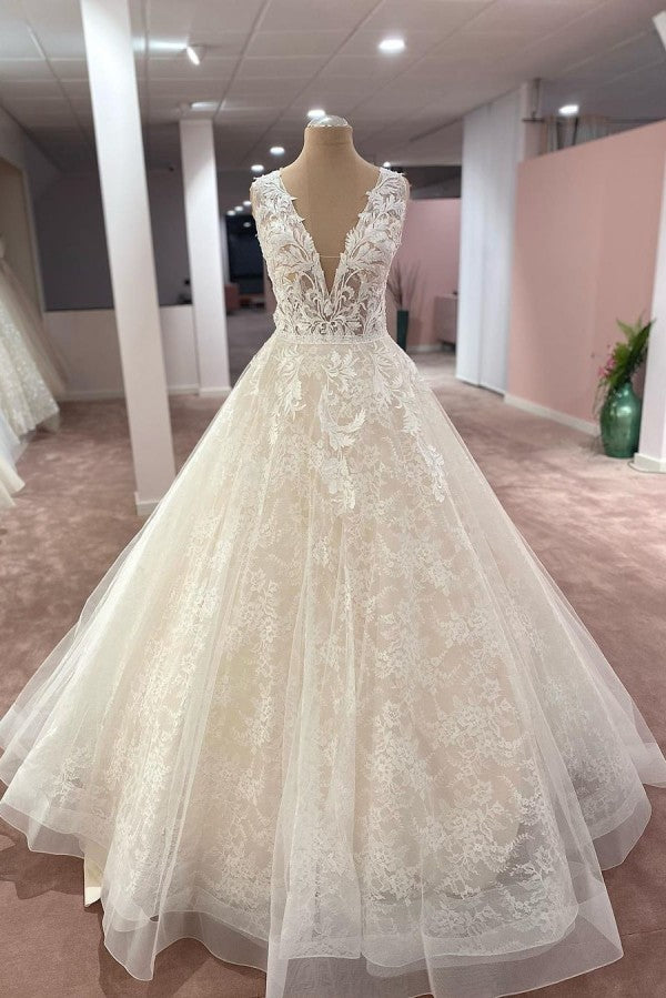 Modest Long V-neck Wide Straps Appliques Lace Tulle A-Line Floor Length Wedding Dress
