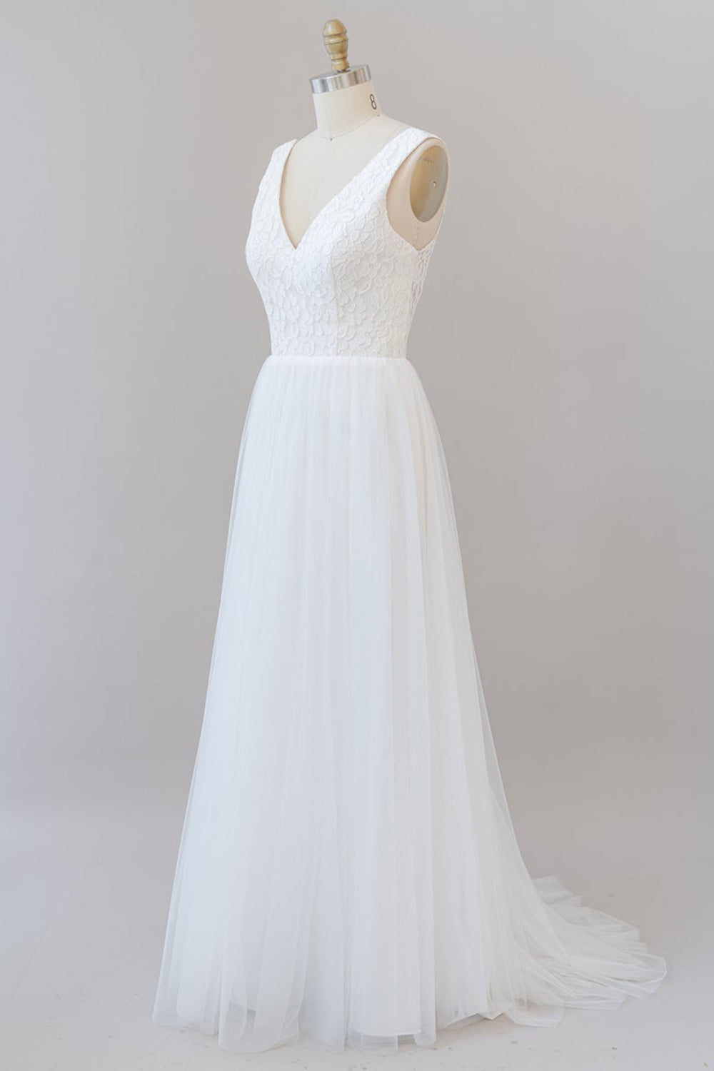 White Long A-line Straps V-neck Chiffon Open Back Wedding Dresses