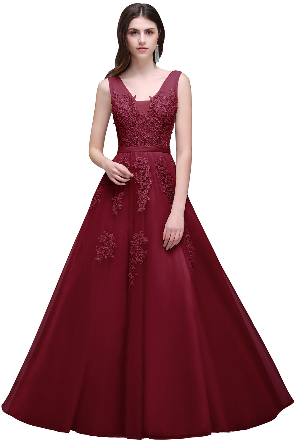 Fabulous Long V-neck Tulle Lace A-line Evening Dress