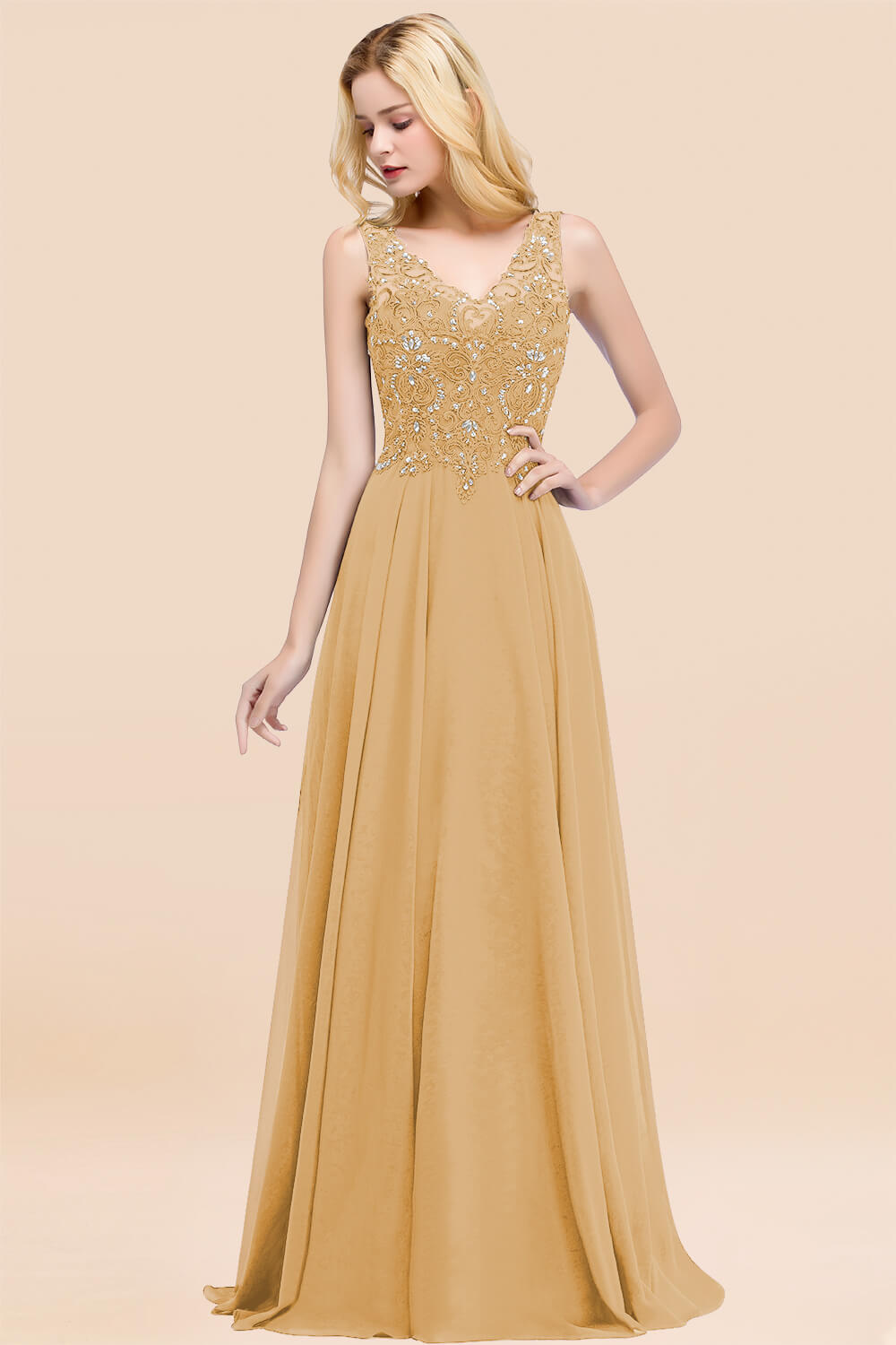 A-line Chiffon Appliques V-neck Sleeveless Floor Length Bridesmaid Dresses with Crystals