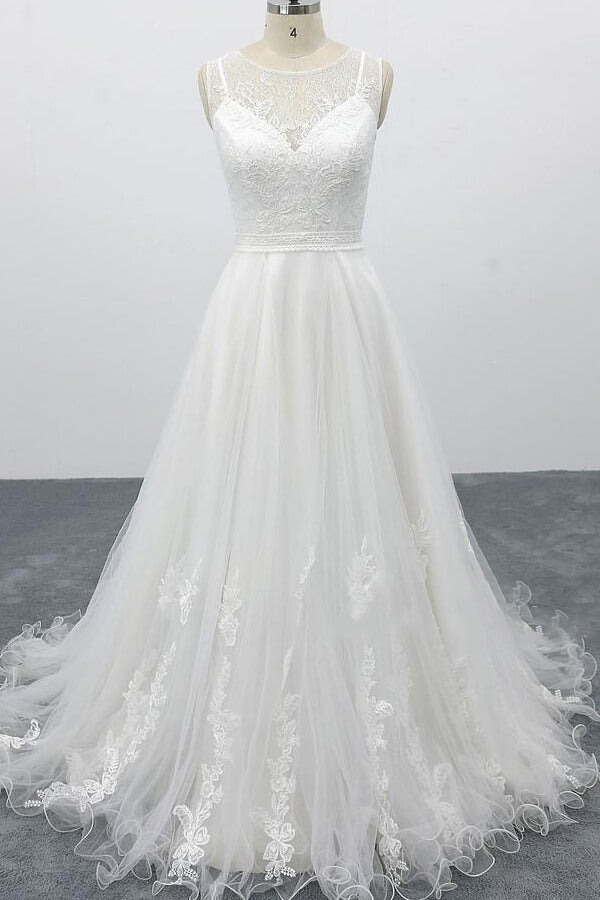 Long Sweetheart Appliques Lace Tulle A-line Wedding Dress