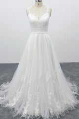 Long Sweetheart Appliques Lace Tulle A-line Wedding Dress