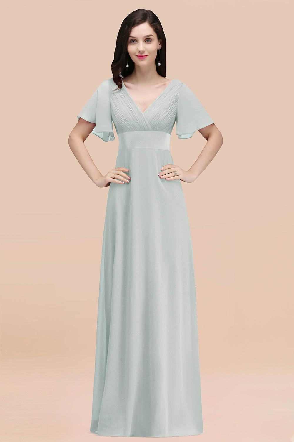 Simple A-Line Chiffon V-Neck Short Sleeves Ruffles Floor Length Bridesmaid Dresses