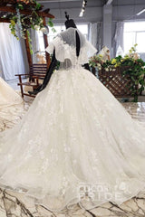 Gorgeous Ball Gown Long Tulle Lace Wedding Dress with Sleeves