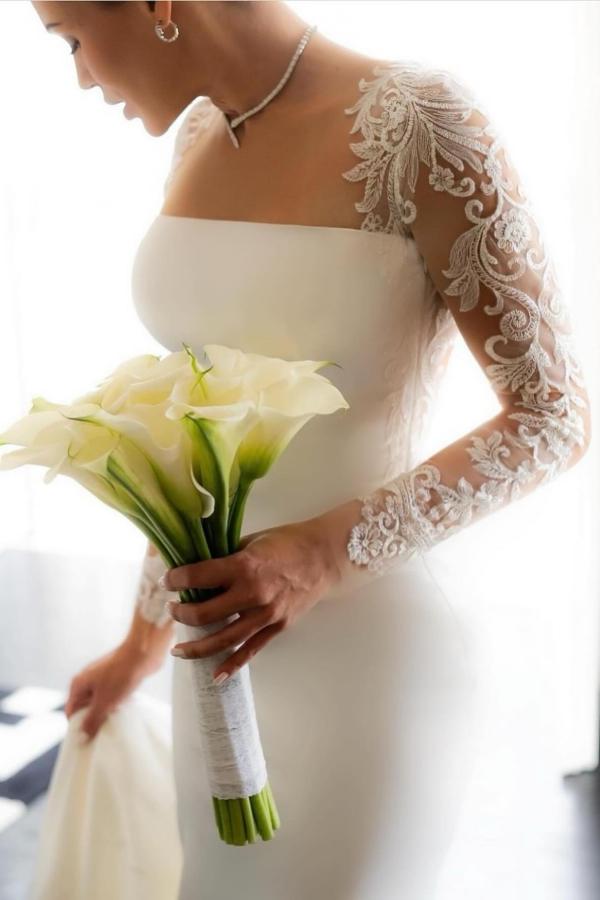 White Long Mermaid Satin Lace Wedding Dress with Floral Lace Sleeves