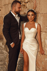 Elegant Long Mermaid Sweetheart Satin Wedding Dress with Slit