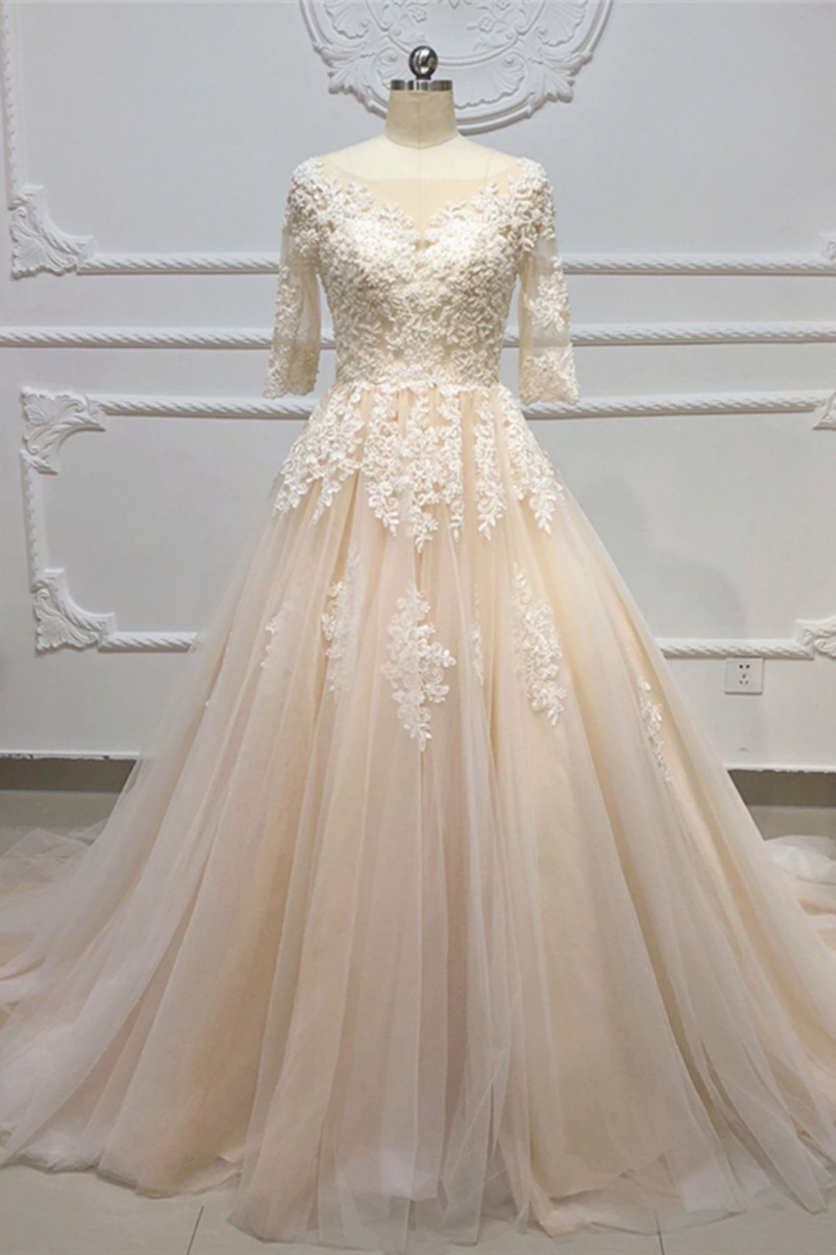 Champagne Tulle Lace Applique Half Sleeve Long A-line Wedding Dress