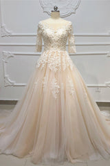 Champagne Tulle Lace Applique Half Sleeve Long A-line Wedding Dress