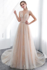 A-line Sleeveless Long Tulle Appliques Evening Dresses
