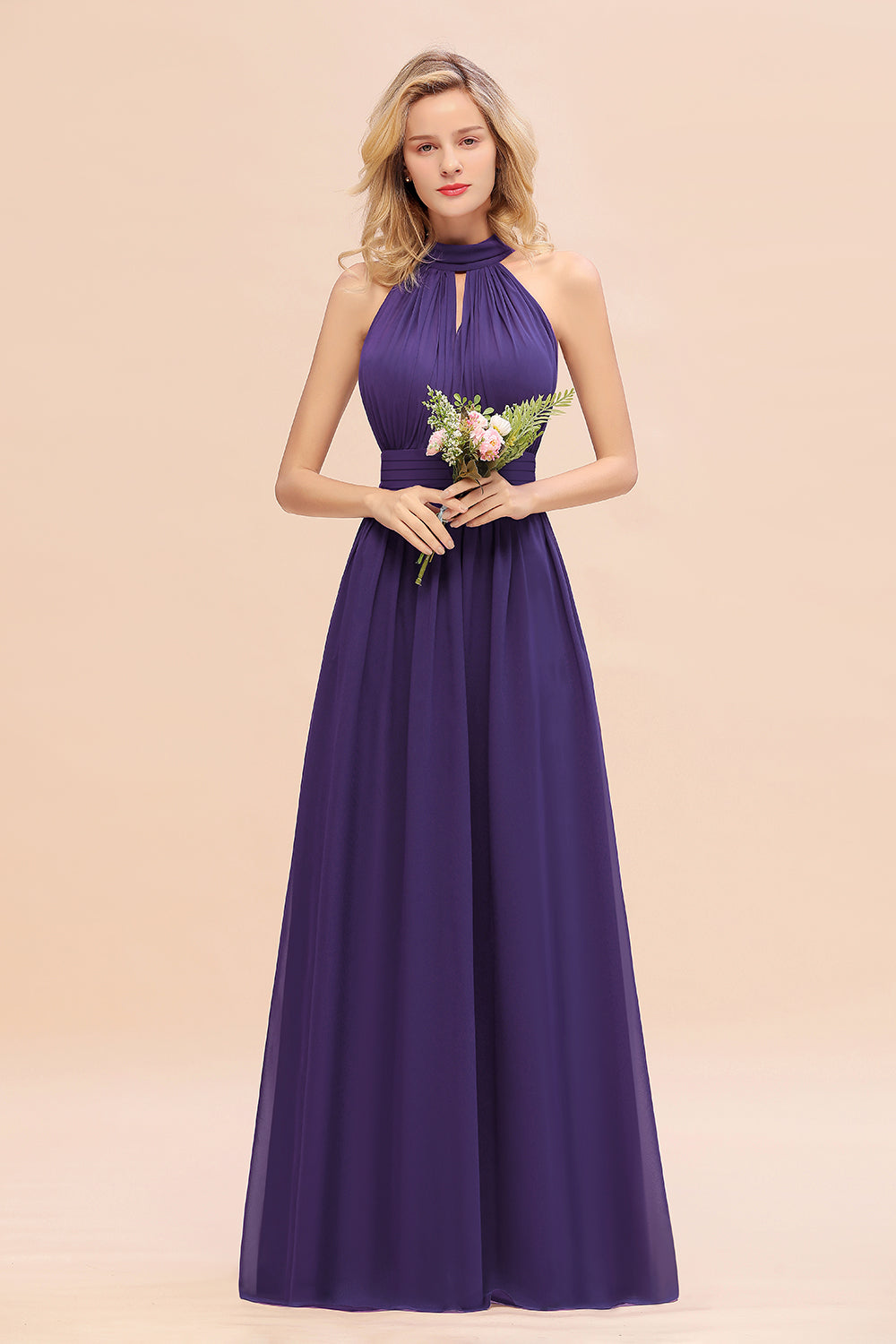 Dusty Sage Long High Neck Chiffon Bridesmaid Dresses with Ruffle