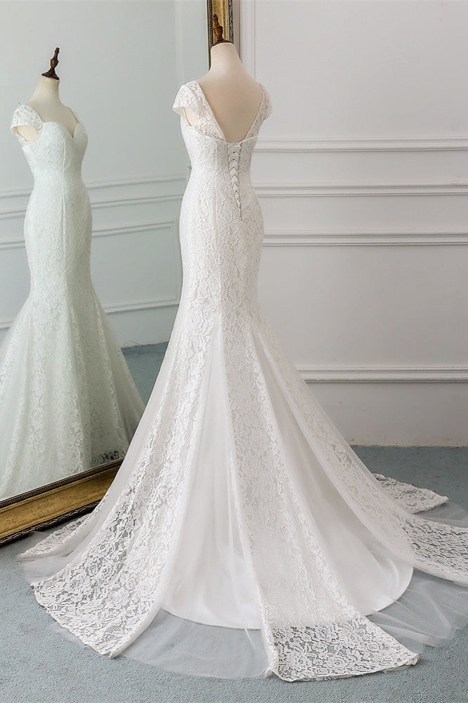 Elegant Long Mermaid Sweetheart Lace Wedding Dress with Cap Sleeves