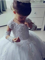 Long Ball Gown Tulle Lace Jewel Neck Floer Girl Dresses with Sleeve