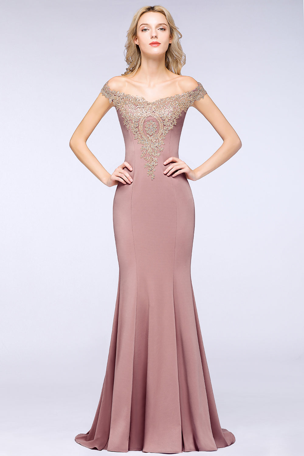 Dusty Rose Long Mermaid Off the Shoulder Satin Lace Formal Evening Dresses