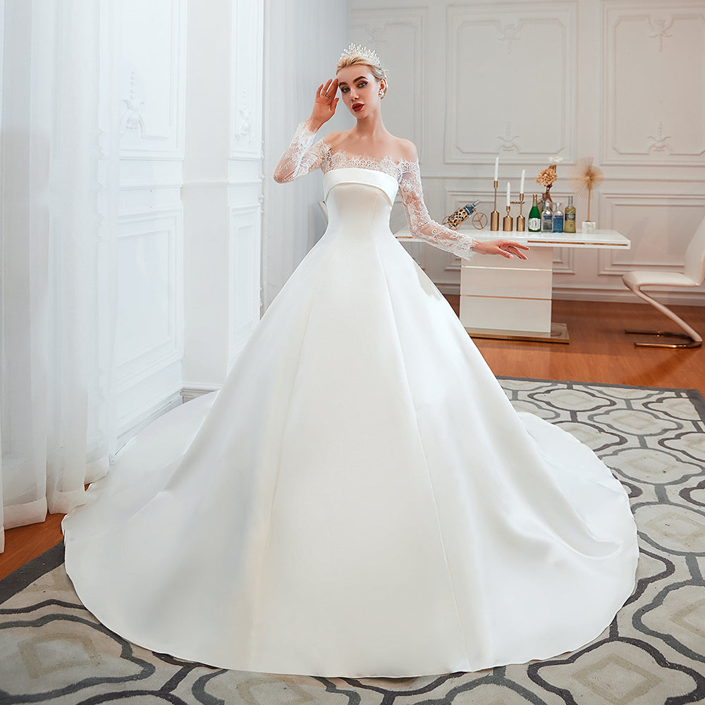 Stunning Off the Shoulder Long Sleeve A-Line Satin Church Wedding Dress