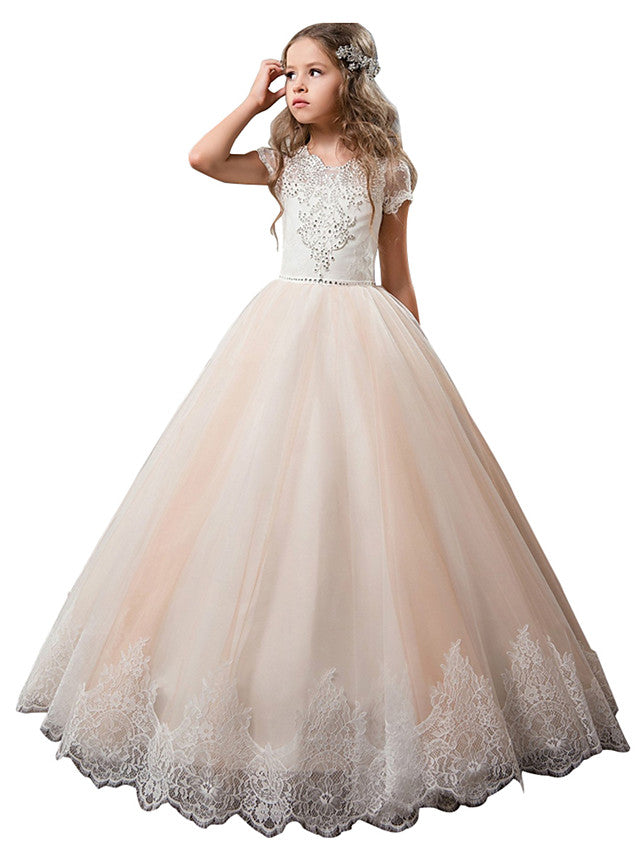 White Long A-line Floor Length Tulle Lace First Communion Flower Girl Dresses