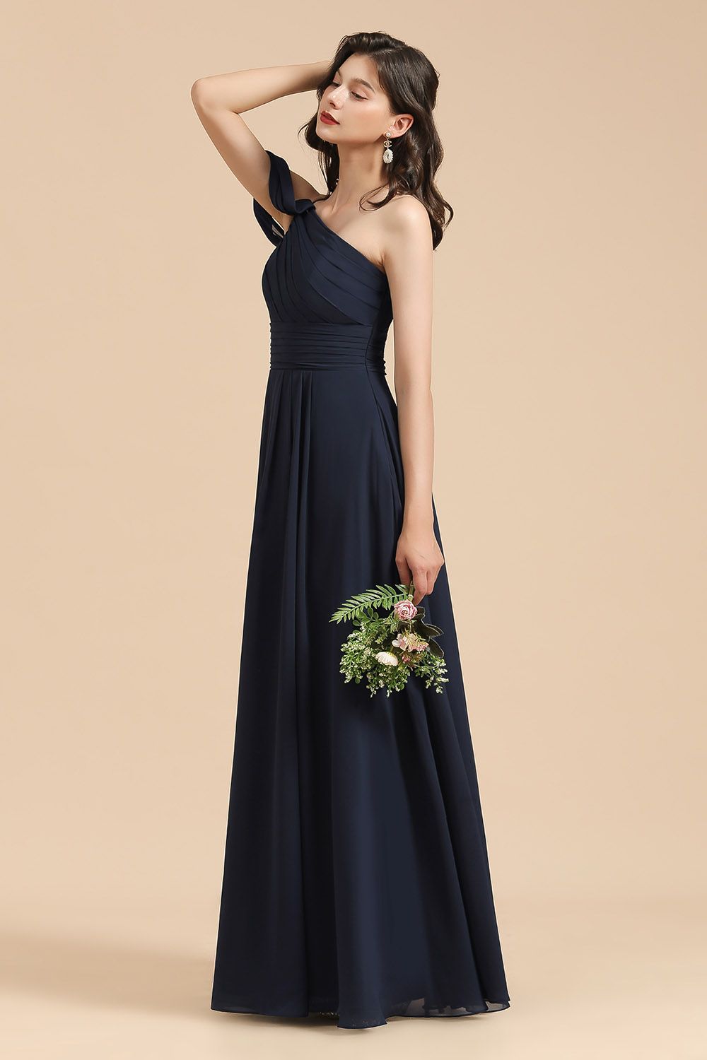 Long A-line Chiffon One Shoulder Dark Navy Wedding Party Dresses