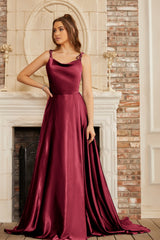 Elegant Long A-line Satin Backless Formal Prom Dresses with Slit