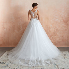 Elegant Long V-neck Appliques Lace Tulle A-line Wedding Dress