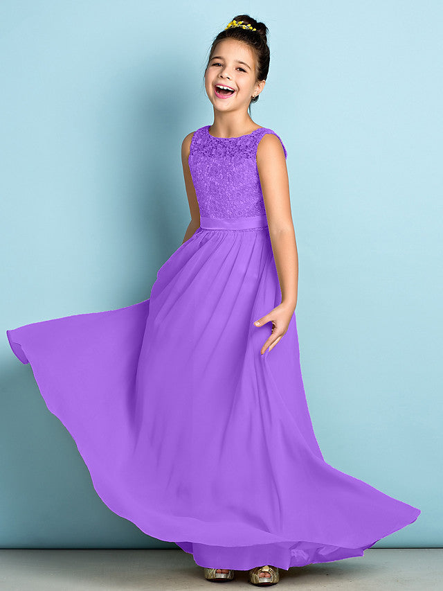 Long A-Line Scoop Neck Floor Length Chiffon Lace Junior Bridesmaid Dress