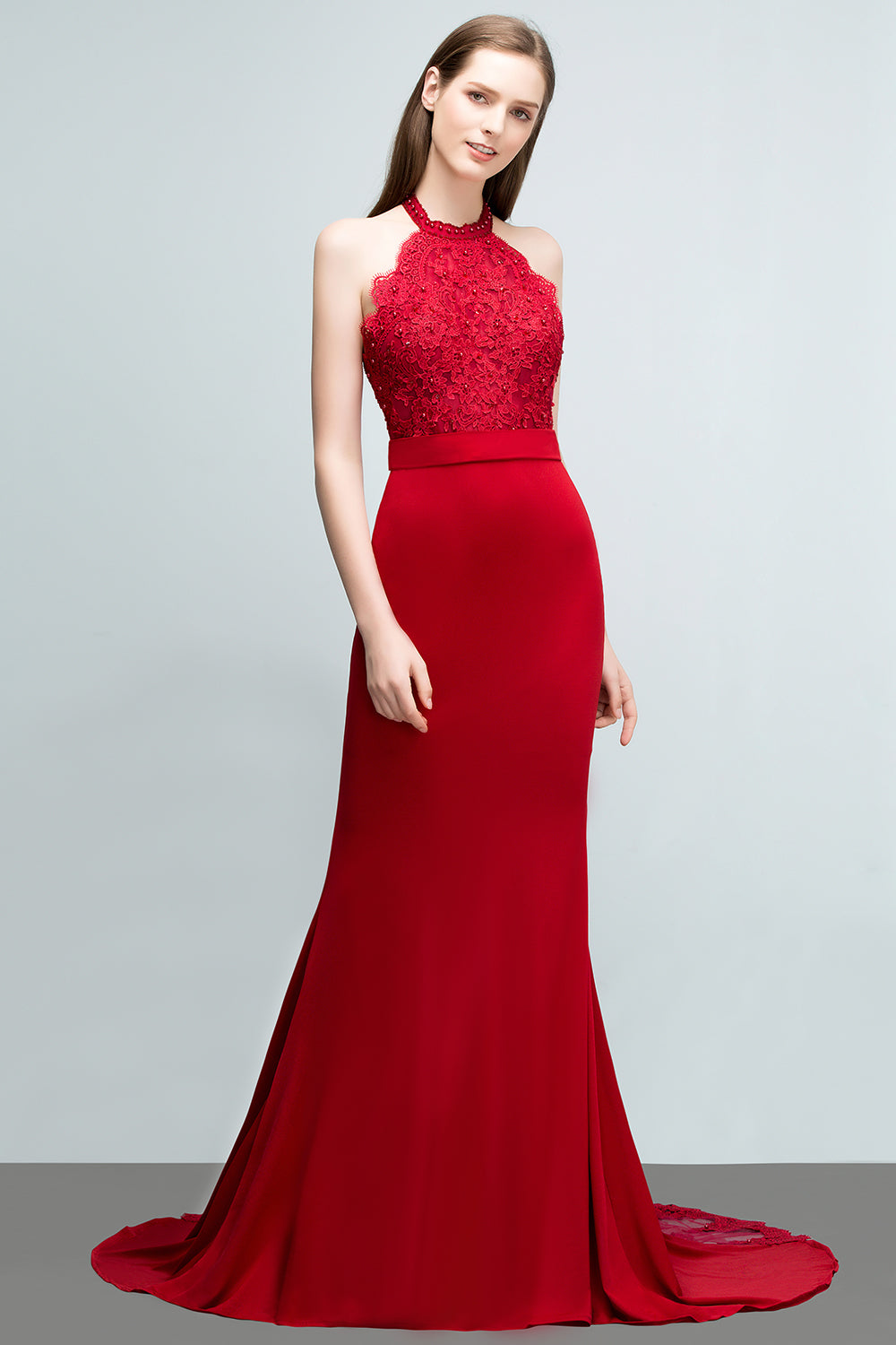 Long Halter Lace Satin Mermaid Red Evening Dress