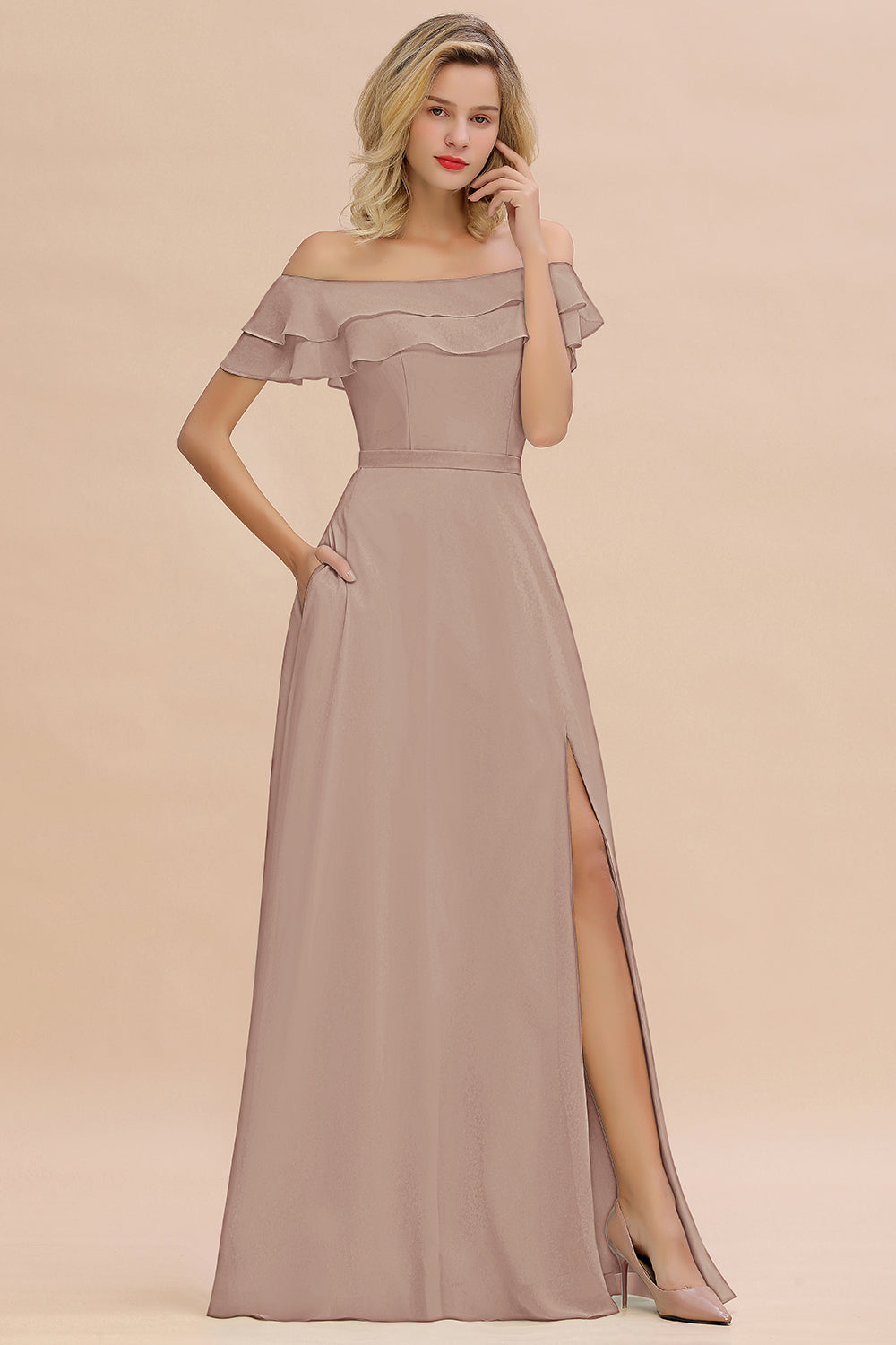 Off the Shoulder Front Slit Mint Green Long Bridesmaid Dress