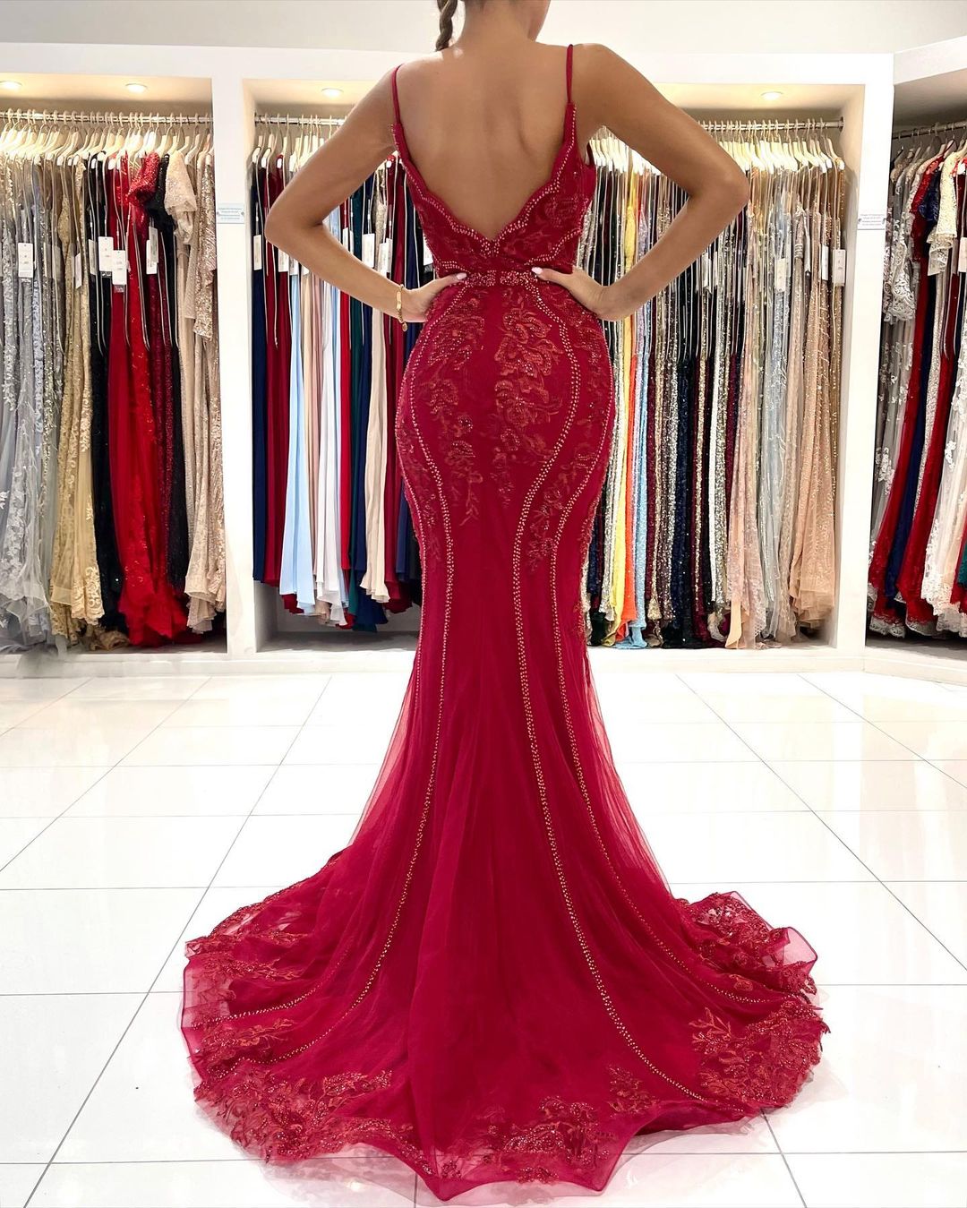 Long Mermaid V-neck Tulle Lace Open Back Prom Dress