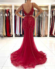 Long Mermaid V-neck Tulle Lace Open Back Prom Dress