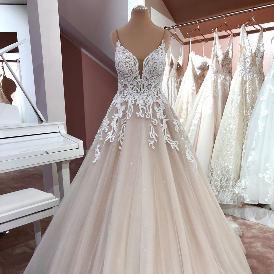 Vintage Long A-Line V-neck Spaghetti Straps Backless Appliques Lace Tulle Wedding Dress