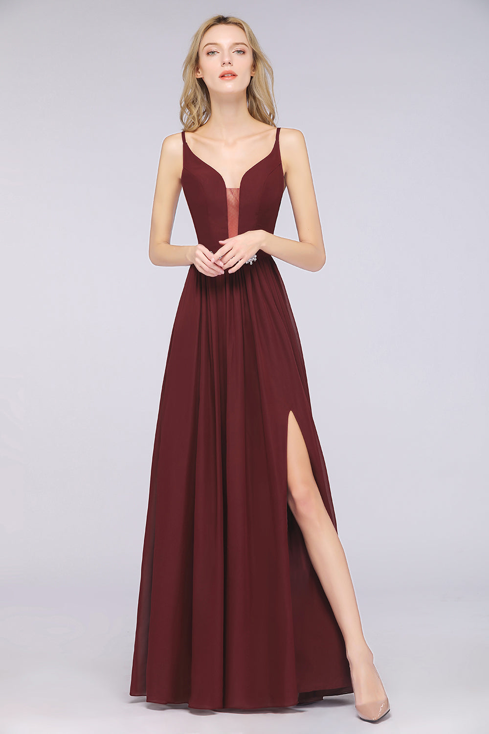 A-Line Chiffon Appliques Spaghetti Straps Deep-V-Neck Sleeveless Floor Length Bridesmaid Dress with Ruffles