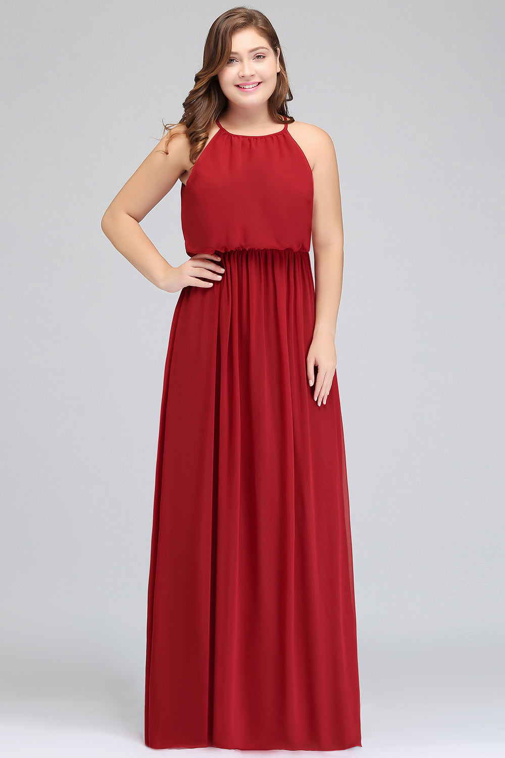 Plus Size A-line Chiffon Spaghetti Straps Halter Floor Length Prom Dress With Ruffles