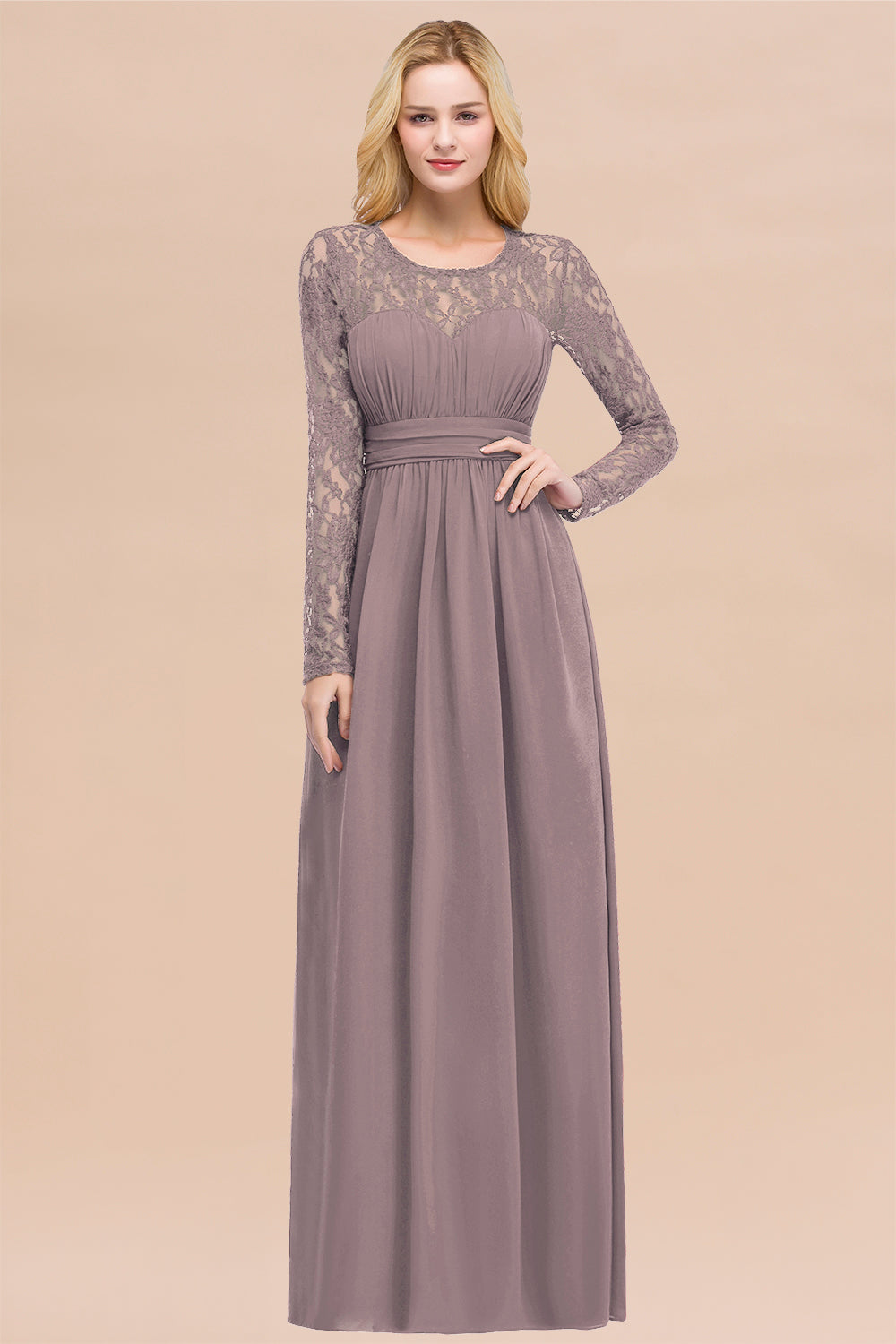 Elegant A-Line Chiffon Jewel Long Sleeves Ruffles Floor Length Bridesmaid Dresses
